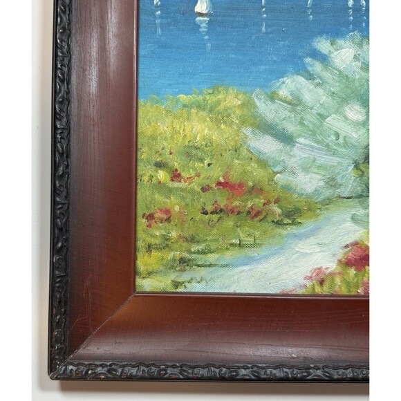 Oil Painting of an Oceanfront Garden Home w/ Sailboats On The Coast. Framed - Picture 2 of 9